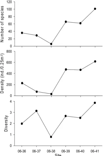 Fig. 2. Number of species, density and diversity recorded at  each  sampling  site  in  2006.