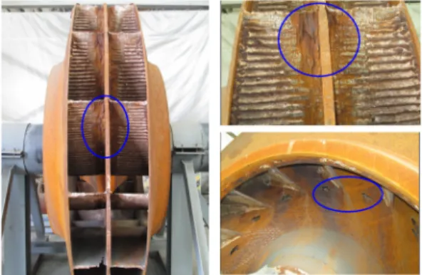 Fig.  1은  기존  송풍기의  분진에  의한  임펠러  침식을  나타낸  것이다. 송풍기 성능에 관한 국내 연구는 많으며[1~3], 침식에  관한 국내 연구는 배관내의 침식[4,5], 월 블로워 노즐을  통해 분사된 유동에 의한 벽면의 침식[6], 프란시스 수차 (Francis  turbine)의  침전물에  의한  침식[7]에  관한  수 치해석  연구가  있으나,  송풍기에  대한  침식해석은  거의  없는  실정이다