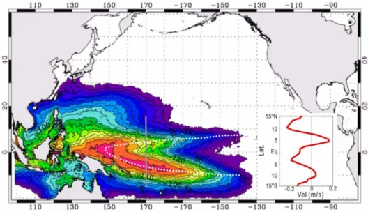 Fig. 6. Frequency  of  SST  over  28.5 o C  defined  warm  pool  for  the  period  1992-2007,  and  spatial  structure  of  high  fre- fre-quency shows a horse's hood (white dotted line)