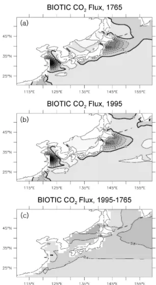 Fig. 2. Air-sea CO 2  flux (mole m -2  yr -1 ) of BIOTIC model (a)  in  1765,  (b)  in  1995,  and  (c)  the  difference between  1765  and  1995