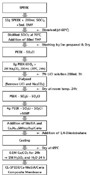 Fig. 1 Schematic preparation procedure of polymer electro- electro-lyte membrane of CL-SPEEK/Cs-MoSiA/Ceria membranes