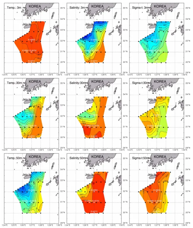 Fig. 4. Horizontal  distributions  of  temperature,  salinity  and  sigma-t  at  3,  30,  50 m  depth  in  August  2007.