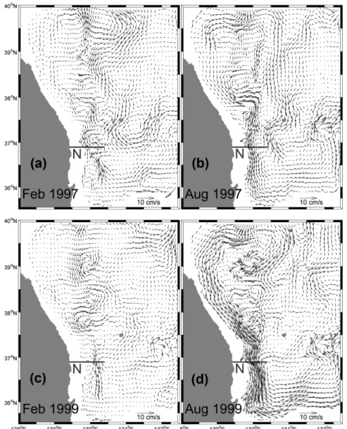 Fig.  1.  Simulated  currents  at  340  m  in  winter  (a,  c)  and  summer  (b,  d),  1997  (a,  b)  and  1999  (c,  d).