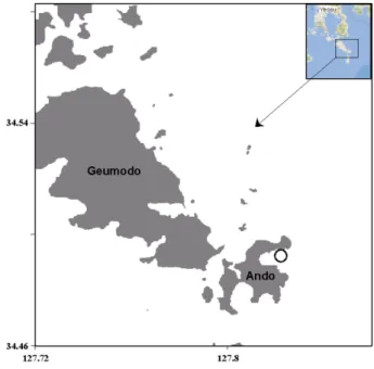 Fig.  1.  Study  area  for  acoustic  survey  of  demersal  fish aggregation.  The  black  circle  indicates  acoustic survey  area