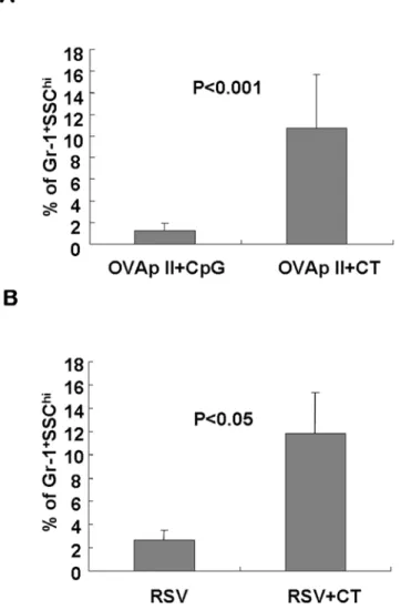 Figure 4. CT induces neutrophil recruitment in the lungs. (A) B6 mice were given 40 mg of OVAp II peptide intranasally with 30 mg of CpG or 2 mg of CT