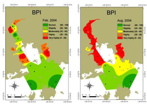 Fig.  2.  The  winter  and  summer  values  of  benthic  pollution  index  (BPI)  in  Masan  Bay.
