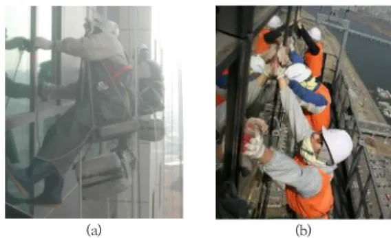Fig.  1.  Windows  cleaning  method  by  workers                   (a)  Wet  process  using  scaffolds[2]  (b)  Dry  process  using 