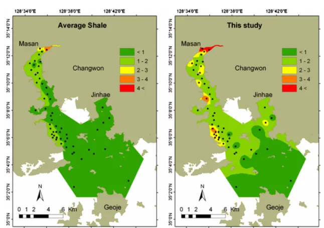 Fig.  6.  Comparison  of  Cu-enrichment  ratios  on  the  basis  of  two  background  levels  (average  shale  and  linear  regres- regres-sion  model-this  study)  in  Masan  Bay  sediments