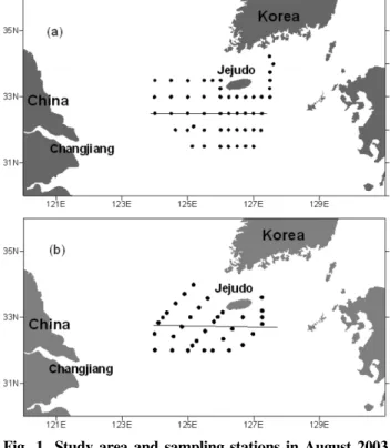 Fig. 1. Study area  and  sampling  stations  in August  2003 (a)  and  July  2006  (b)