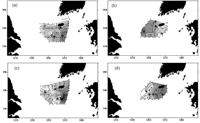 Fig. 2. Surface  temperature  ( o C)  in  August  2003  (a)  and  July  2006  (b),  and  surface  salinity  (psu)  in  August  2003 (c)  and  July  2006  (d)  in  the  northern  East  China  Sea.