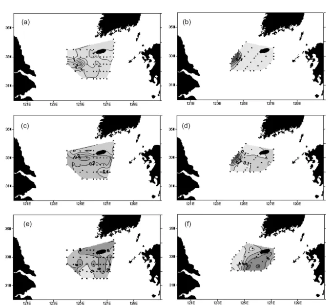 Fig. 4. Surface  distribution  of  nitrate  (µmol  kg −1 )  in  August  2003  (a)  and  July  2006  (b),  and  surface  distribution  of phosphate  (µmol  kg −1 )  in  August  2003  (c)  and  July  2006  (d),  and  surface  distribution  of  silicate  (µmo