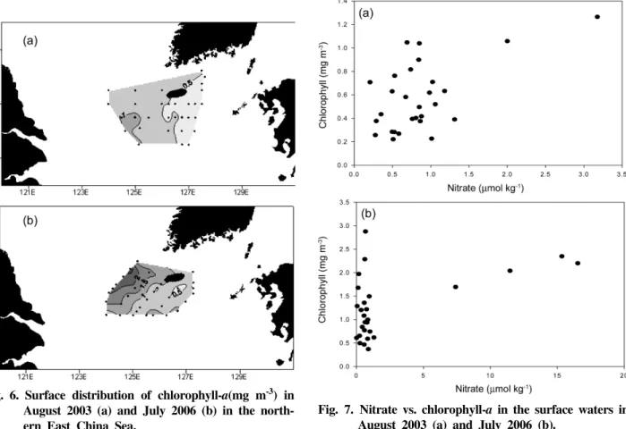 Fig. 6. Surface  distribution  of  chlorophyll-a(mg  m -3 )  in August  2003  (a)  and  July  2006  (b)  in  the  