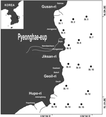 Fig.  1.  Hupo  coastal  areas,  showing  the  locations  of  15 sampling  sites.
