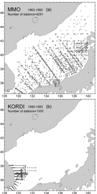 Fig. 1. Distributions of hydrographic stations used in this study  observed  by  Maizuru  Marine  Observatory (MMO)  (a),  and  Korea  Ocean  Research  and