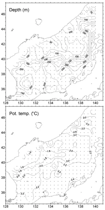Fig.  7.  Distributions  of  depth  (m)  and  potential  temper- temper-ature  ( o C)  on  the  isopycnal  surface  27.2  σ θ .