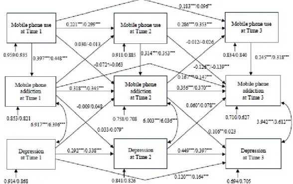 Figure 2. Autoregressive cross-lagged multiple-group structural equation model (Note: *** p < 0.001, 