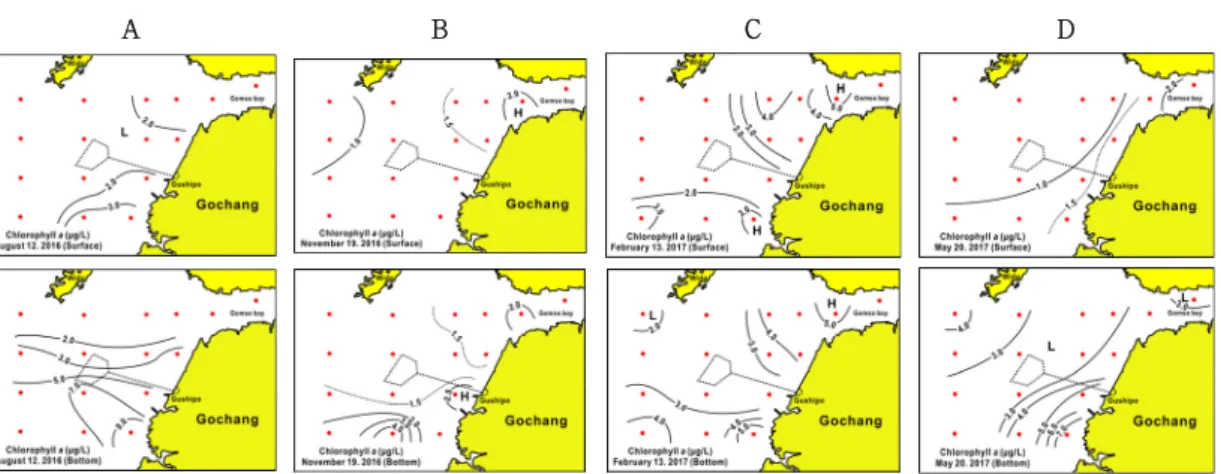 Fig. 7. Spatio-temporal variations of chlorophyll  a  concentration at surface (upper) and bottom (lower) in the  GCC