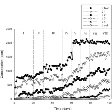 Fig. 4. Biofilter behavior of ethanol removal [L reactor].