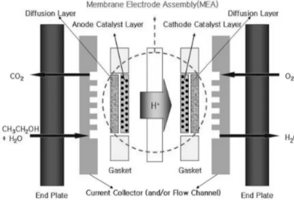 Fig. 5 Schematic of direct ethanol fuel cell Fig. 4는 SiC  세라믹 멤브레인을 도입한 직접 에탄 올 연료전지를 활용하여 DEFC의 구동 실험에 대한 시스템을 도식화 한 것이다