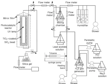 Fig. 1. Schematic diagram of improved photo-catalytic reactor fed with synthetic contaminated air containing hydrogen sulfide and toluene.