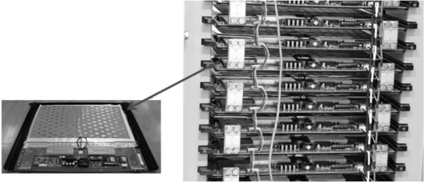 Fig. 3 Cell tray (cell + BMS) and the arrangement of cell traies in a ESS