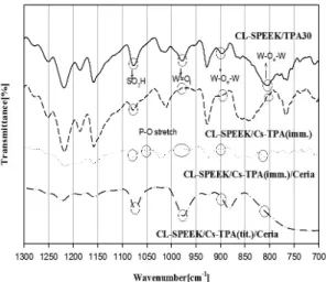Fig. 5 FT-IR spectroscopy of CL-SPEEK/TPA, CL-SPEEK/ 