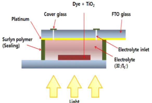 Fig. 1 A schematic diagram of a DSSC (Dye-sensitized  solar cell) 15)원과 환경오염 두 가지를 해결할 수 있는 가장 적합한 에너지 자원이라고 할 수 있다