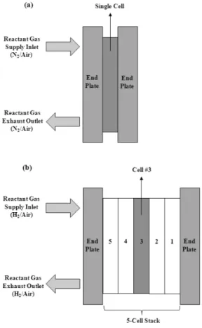 Fig. 2 Methodology to simulate experimentally the cell  voltage-reversal behavior of fuel cells caused by either  overall (a) or local (b) hydrogen starvation