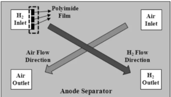 Fig. 3 A schematic illustration of an anode separator of a  voltage-reversal cell (#3) in 5-cell stack caused by blocking  about 83% of H 2  inlet manifold region with polyimide film