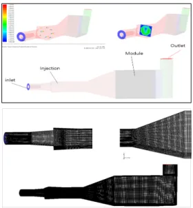 Fig. 4. HRSG Geometry and  Mesh of  CFD  Analysis. 해석을 진행한 5가지 Case에 대한 환원제 분사 시에  환원제의  질량분율을  Fig