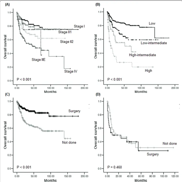 Figure 3 Comparison of survival curves based on the clinical characteristics. (A) Lugano stage II2 and IV cases had significantly worse OS, while there were no significant differences in OS between stage I and II1