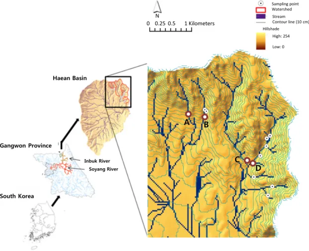Figure 1. Stream water sampling locations for routine bi-weekly monitoring at the four  streams (A–D)