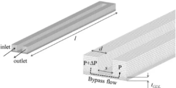 Fig. 1 Geometrical configurations of the serpentine flow  channel and gas diffusion layer