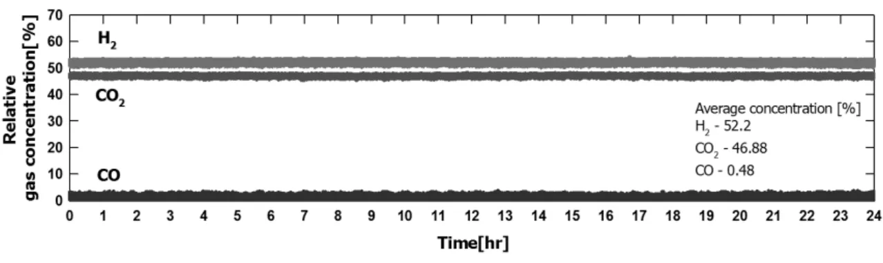 Fig. 8 Gas concentration profile during long time water gas shift reaction at U=0.030 m/s, catalyst:sand=1:3, 210℃ 20 bar 4Nl/min)  시키는 방법으로 합성가스의 농도를 변화 시키면서 CO  전환율의 변화를 측정하였다