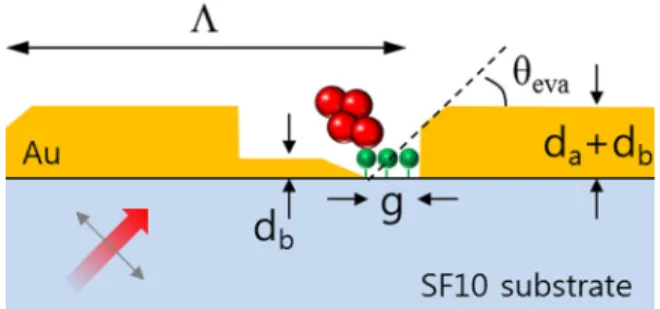 FIG. 1. Schematic structure for dielectric-specific colocalized SPR detection (K: grating period, g: nanogap size, h eva : evaporation angle, d a : grating