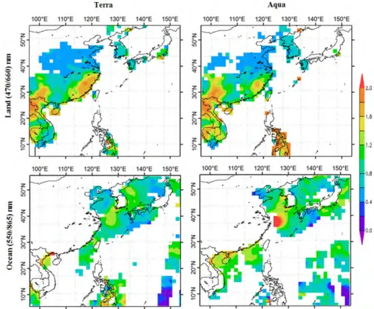 Figure 6. Angstrom exponent (AE) from MODIS onboard Terra (left panel) and Aqua (right panel) over land with 1 = 470 nm 