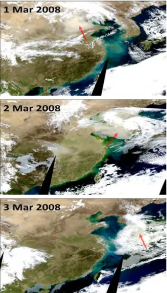 Figure 1. The RGB composition images from MODIS  channel 1 (645 nm), 4 (555 nm) and 3 (469 nm) on 1 ~ 3  March 2008, with red arrows indicating the locations of  sand-dust storms