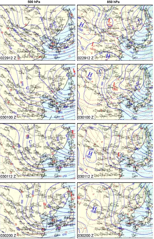Figure 2. Synoptic charts of 500 hPa (left panel) and 850 hPa (right panel) for 1200 UTC 29 February, 0000 UTC 01 March, 