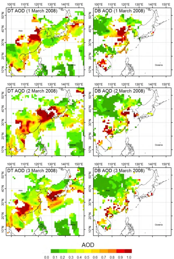 Figure 5. Aerosol optical depth (AOD) based on standard dark-target (DT) algorithm (left panel) and deep blue (DB)  algorithm (right panel) during 1 ~ 3 March 2008