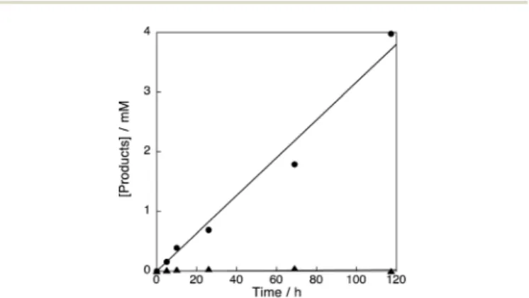 Fig. 8 Time pro ﬁles of formation of phenol (circle) and p-benzoqui- p-benzoqui-none (triangle) in the hydroxylation of benzene (2.1 M) with 30 wt% aqueous H 2 O 2 (2.1 M) catalysed by [Cu II (tmpa)] 2+ @Al-MCM-41 (1.0 mM) in acetone (4.75 mL) at 298 K.