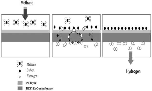 Fig. 1 Process of methane direct cracking using mixed conducting membrane 로  인한  지구온난화의  우려가  없는  환경친화성으로  인해  미래의  주요  에너지  매개체로서  각광받고  있 다 1) 