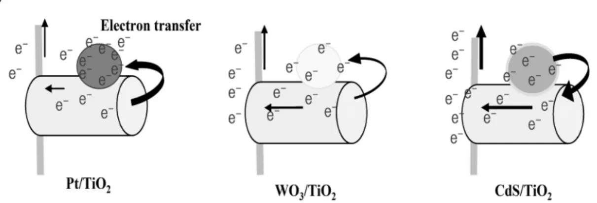 Fig. 1 Schematic view of direction of electron movement 하기  위한  방안으로  양극산화법 1,2) 을  사용하여  금속  지지체  위에  안정적으로  고정화  된  TiO 2 를  제조하 였고,  여기에  밴드갭  에너지가  작은  금속물질을  담 지하여  광활성  및  광효율을  향상시키고자  하였다