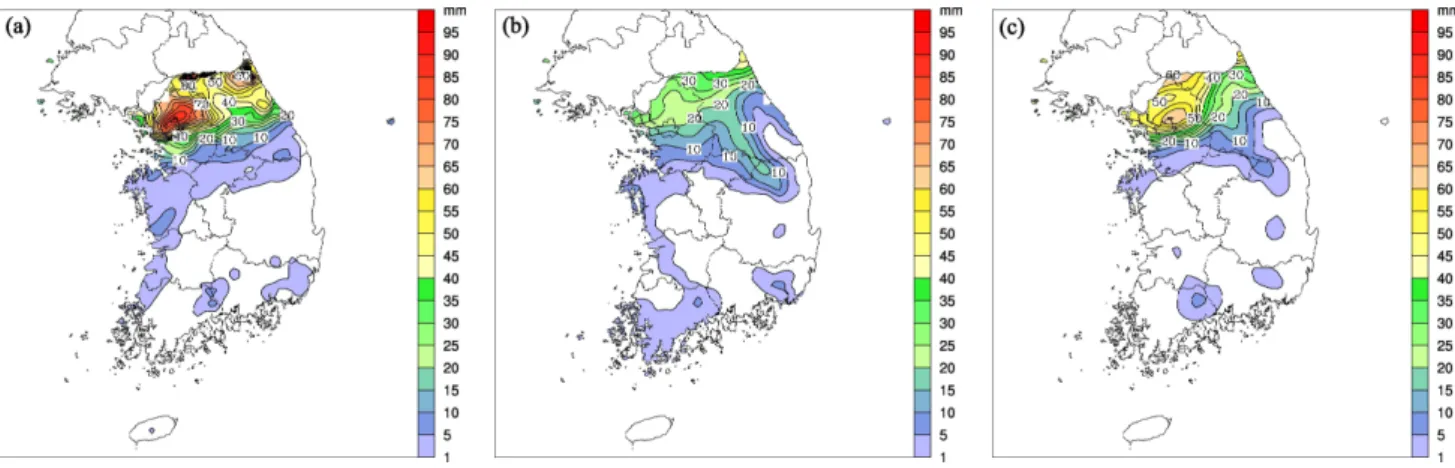 Fig. 2. A 6-h accumulated precipitation (in mm) of (a) observation from 592 rain gauge data, and experiments with (b) the default parameters