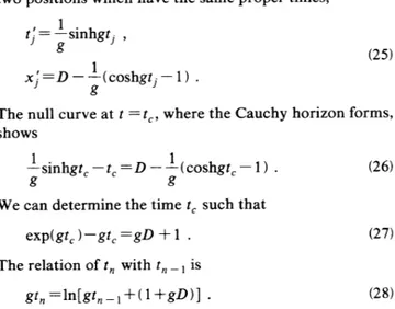 FIG. 3. Particle production when the right mouth moves with uniform acceleration g. The thick lines are the world lines