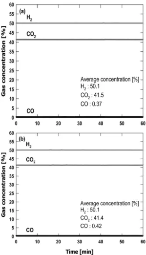 Fig. 5 Gas concentration profile during water gas shift reaction,  (a) catalyst:sand=1:5, U=0.030 m/s, steam/CO ratio=3 (b) catalyst: 