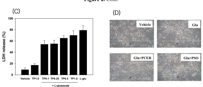 Figure 2. Cont.  LDH release (%) 020406080100 Vehicle   TP1.0    TP0.1  TP0.25   TP0.5   TP1.0   L-glu + L-glutamate(C) (D) Vehicle Glu+PCER Glu+PSOGlu
