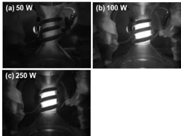 Fig. 2 Partial pressure of water splitted species as a function  of ICP power (H 2 O flow rate : 58sccm, Reactor pressure : 300  mTorr, Heater Temperature : 300 ℃ )