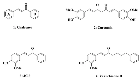 Figure 1. Structures of chalcone 1, curcumin 2, JC-3 3, and yakuchinone B 4. 