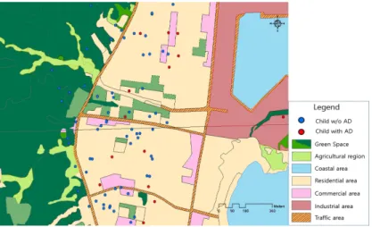 Figure 1. Green space and atopic dermatitis in children. The red filled circles indicate the children with atopic dermatitis; and the blue filled circles indicate the children without atopic dermatitis