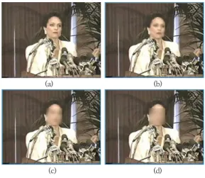 Fig. 4 (a)는 얼굴 영역이 노출되어 있는 사람을 포함 하고 있는 장면을 촬영한 입력 영상의 한 예를 보여준다.  Fig. 4 (b)는 타원형의 피부 색상 분포 모델과 인공적인  심층 신경 학습을 이용하여 사람의 얼굴 영역을 강인하 게 검출하고, 검출된 얼굴 영역을 σ를 0.5로 설정한 다음  블러링을 사용하여 효과적으로 블로킹한 결과 영상을 보 여준다